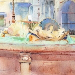 Italian Fountain Watercolor Painting – Rome Piazza Colonna Artwork, European Travel Wall Decor