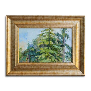 Tiny oil painting, framed original art, wall art decor, gift idea, small pine trees painting.