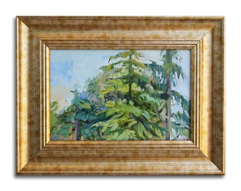 Framed Pine Tree Oil Painting: Original Small Wall Art