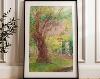 Original Watercolor Landscape Painting: Naples Garden, Italian Art