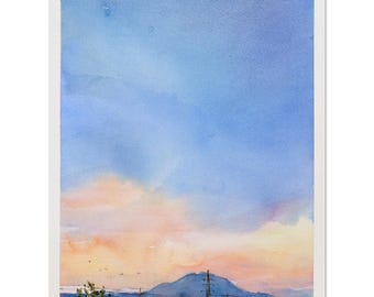 Original Watercolor Painting, Sunset over the city, Clouds Artwork, Wall Decor