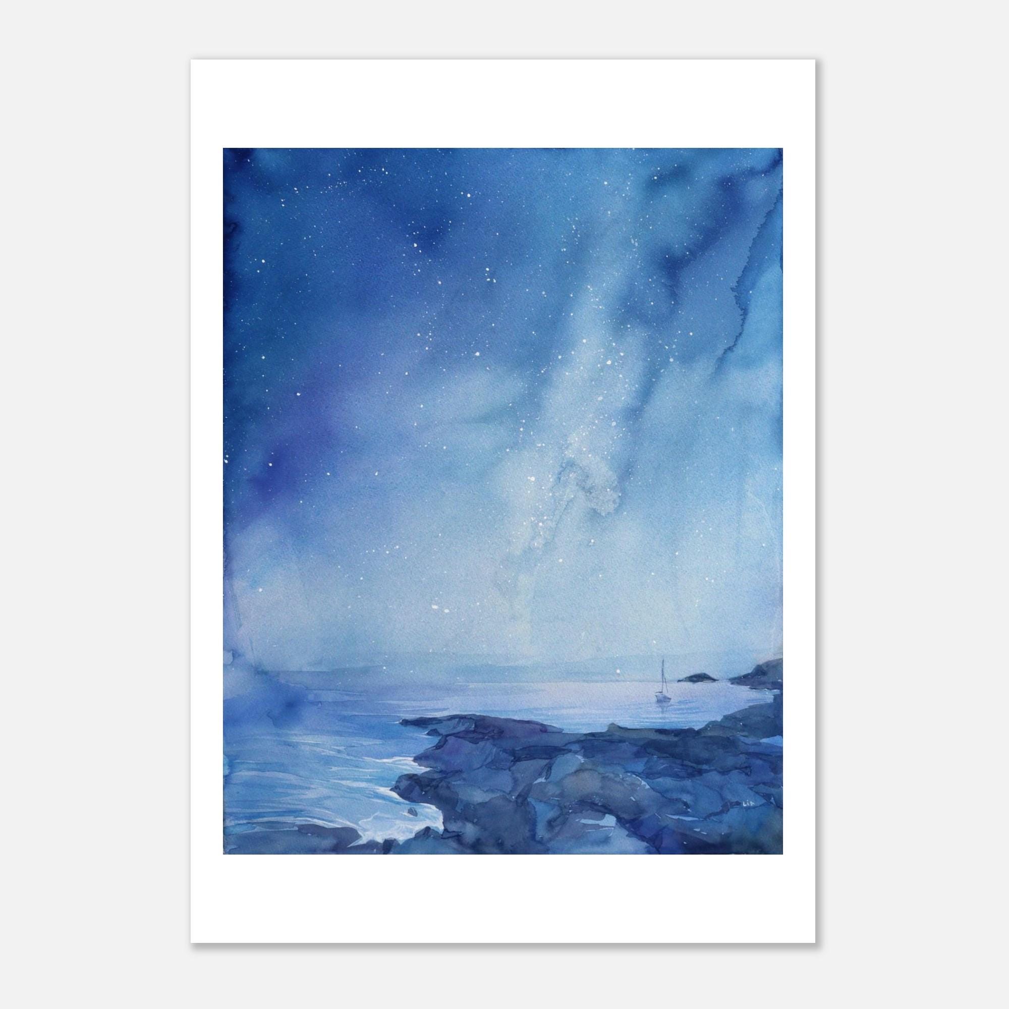 Night Sky Over Sea Watercolor Print – Starry Coastal Landscape, Ocean ...