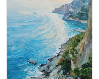 Original Large Seascape Oil Painting – Capri Italian Coast, Impasto Textured Wall Art
