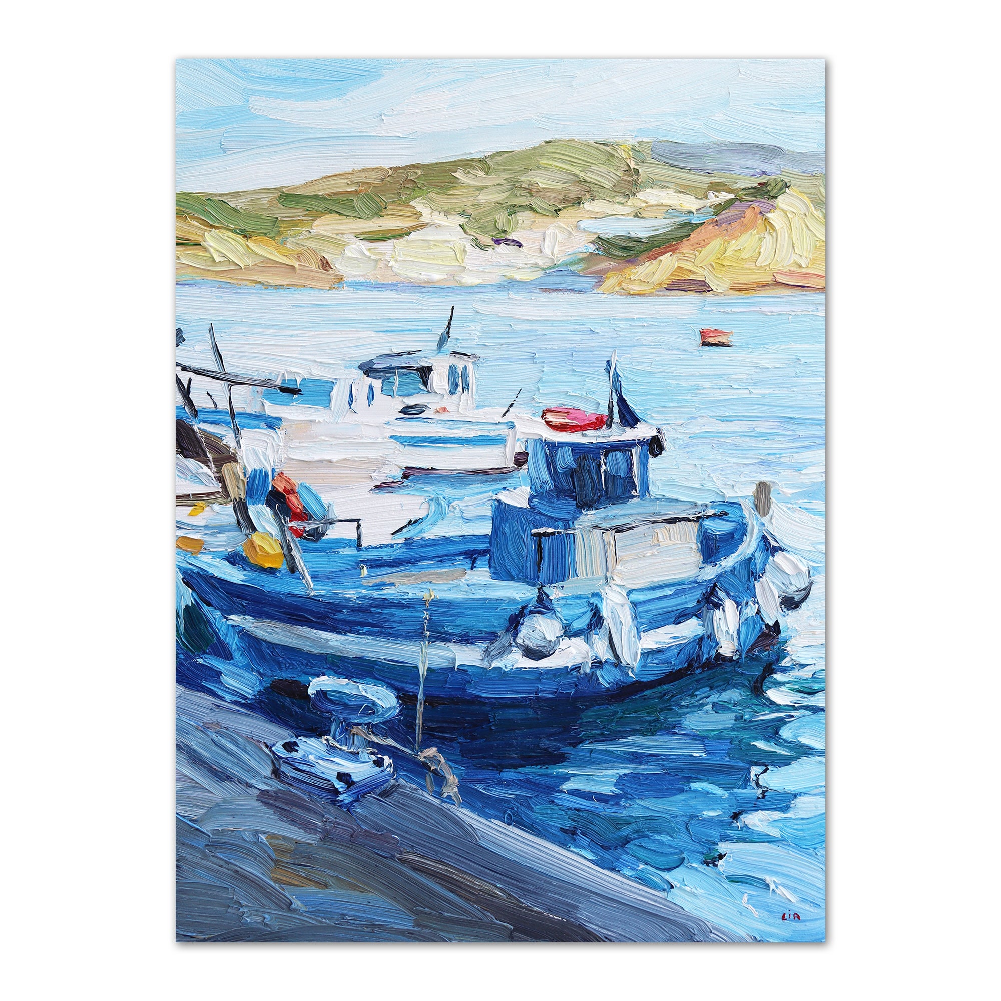 Ponza Italy Seascape Oil Painting: Fishing Boats Impressionism Art