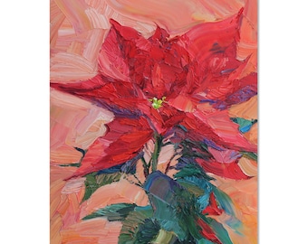 ポインセチアの油絵：マクロボタニカルアート、オリジナルの花のアート