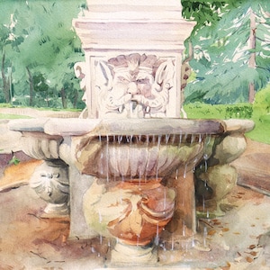 Original Watercolor Painting: Rome Fountain, Villa Borghese - Italian Architecture