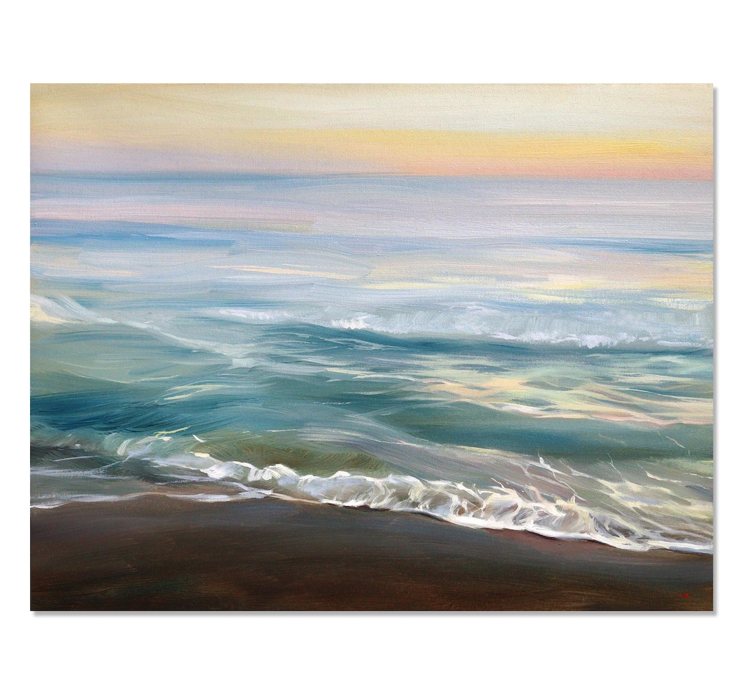 Original Seascape Oil Painting, Sunset Over the Sea Art, Ocean Waves ...