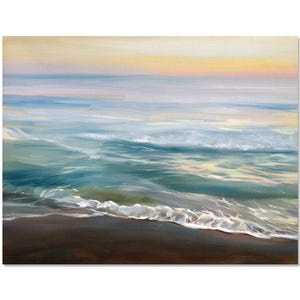 Original Ölgemälde, Sonnenuntergang über dem Meer, Meereswellen.