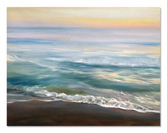 Original Seascape Oil Painting, Sunset Over the Sea Art, Ocean Waves.