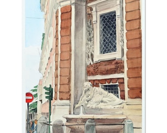 Rome Wall Art, Original Watercolor Painting, Four Fountains Rome, Italian Architecture Art, Baroque Street View