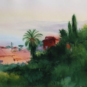 Original Large Watercolor Landscape – Mediterranean Hillside, Italian Countryside Wall Art