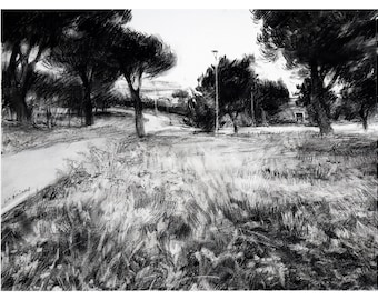 木炭画 風景画 シルバーのフレーム 冬の風景 木炭画 27cm25cm - メルカリ