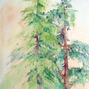 Original Large Watercolor Painting – Pine Trees Landscape, Forest Nature Wall Art