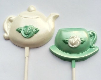 Green Mint Teacup and Teapot Chocolate Lollipops Favors for Tea Party, Bridal Shower, Garden Party, Wedding Shower