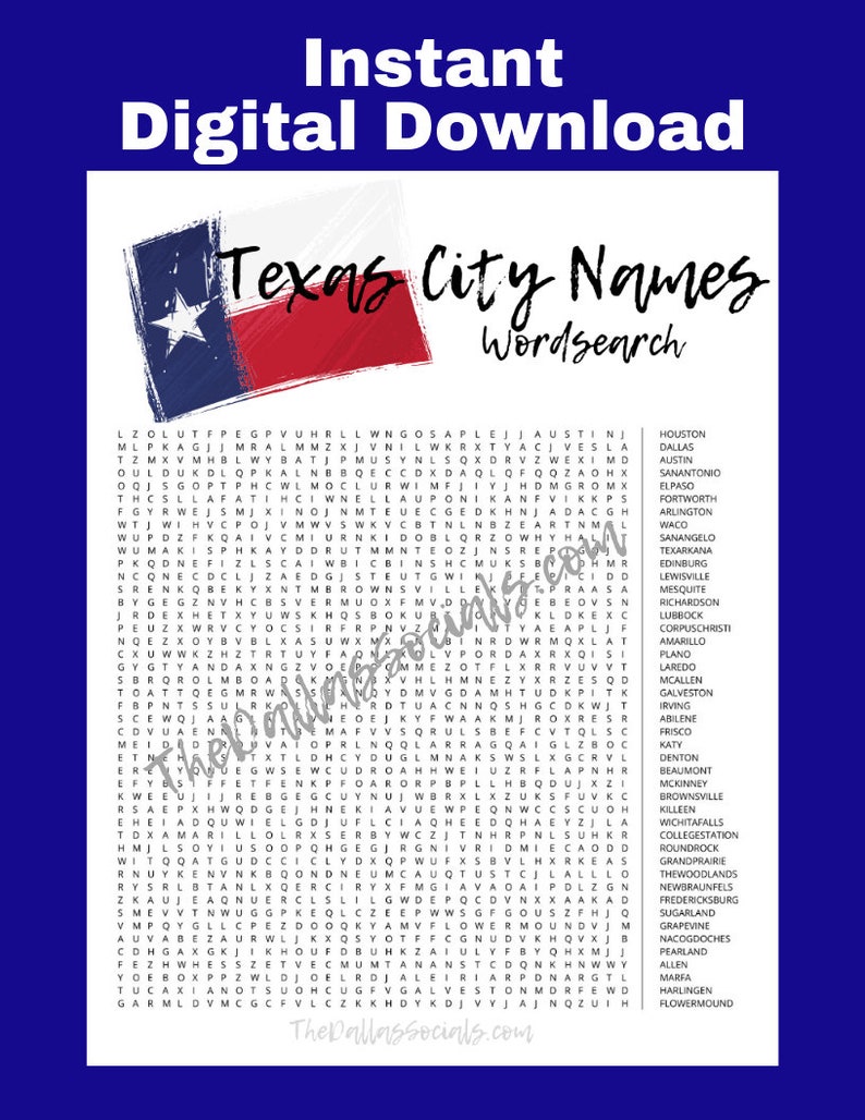 Texas City Names Wordsearch Printable Etsy
