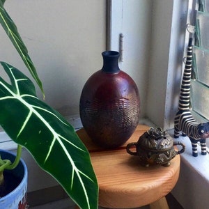 Handmade Low Fired Ceramic Vase, Modern Round Raku Bud Vase, Copper & Black Metallic Flower Vase, Textured Earthenware Decorative Vase