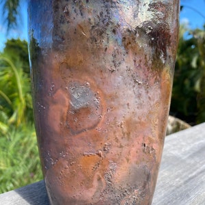 Handmade Low Fired Oval Raku Bud Vase, Earthenware Metallic Vase, Modern Raku Flower Vase, Handthrown Copper Iridescent Decorative Vase