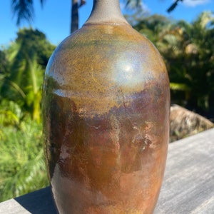 Handmade Low Fired Round Raku Bud Vase, Earthenware Metallic Vase, Modern Raku Flower Vase, Handthrown Copper Iridescent Decorative Vase