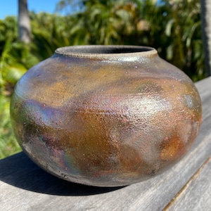 Handmade Low Fired Round Raku Bud Vase, Earthenware Metallic Vase, Modern Raku Flower Vase, Handthrown Copper Iridescent Decorative Vase