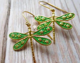 Green Dragonfly Earrings, Gold Charms with Gold or Silver Ear Wires and Gift Bag