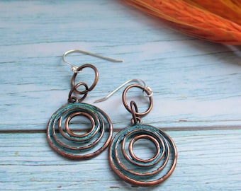 Boho Hoop Earrings, Circle Patina and Copper Charms on sterling silver ear wires with gift bag