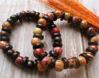 wooden bracelet duo boho ethnic red brown stacking beads mens womens with gift bag