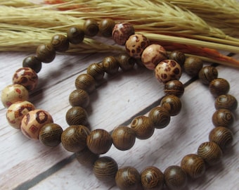 wood bracelet duo boho  stacking beads mens womens with gift bag