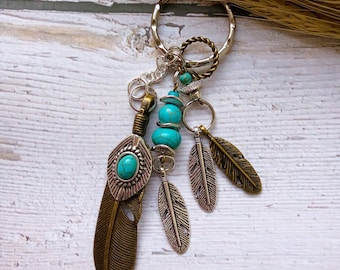 Feather key ring, boho bronze silver turquoise key chain with gift bag