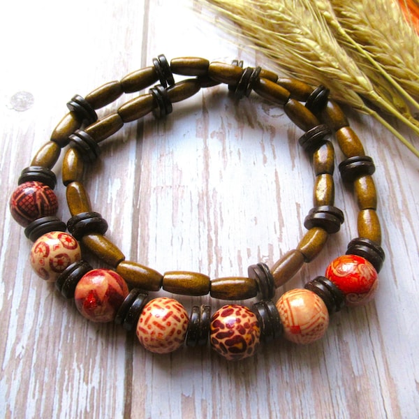 Chunky boho print wooden beaded necklace,  boho ethnic inspired,  chunky with gift bag women's men's