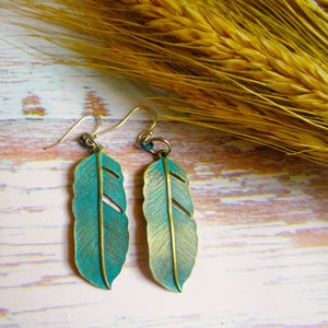 Boho Feather Earrings, Turquoise Patina, Drop Dangle earrings, Ethnic inspired, Sterling Silver Ear Wires and gift bag