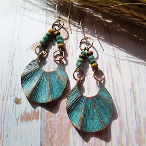 Boho Earrings, Turquoise Copper Patina Bib, Drop Dangle earrings, Ethnic inspired, Sterling Silver Ear Wires and gift bag