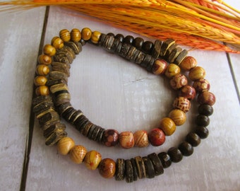 Boho necklace beaded coco wood, ethnic hippy inspired, women's men's with gift bag