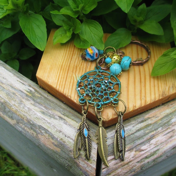 painted dream catcher boho key-ring bag charm with lamp work beads women's men's gift