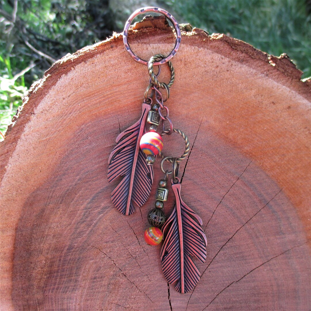 Feather Copper Tone Alloy Keyring Bag Charm With Turkey Turquoise