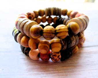 Holz-Boho-Armbänder, massive Holz- und Kokosnuss-Spacer mit Geschenktasche
