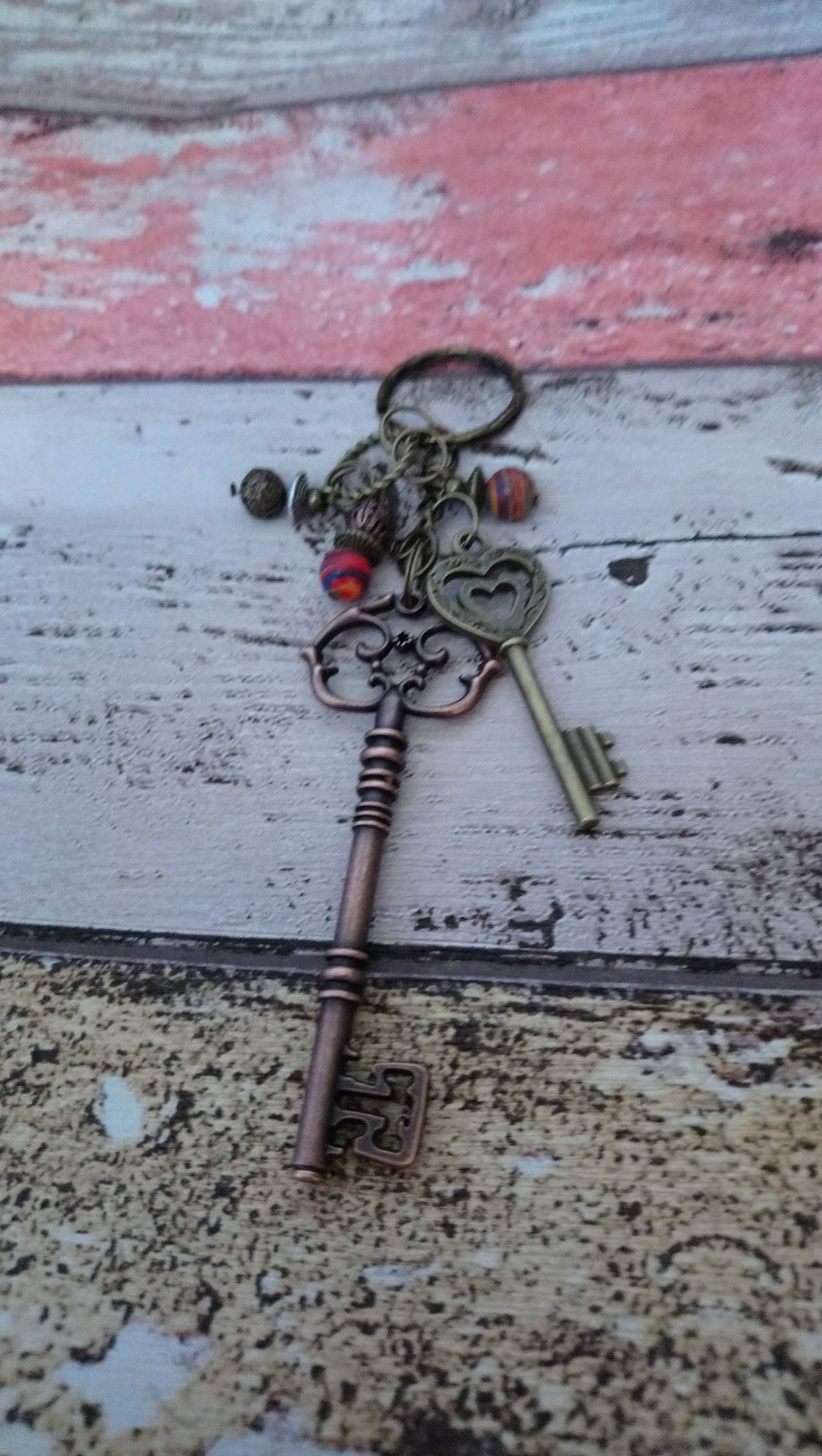 Copper Keychain Bronze Antique Key Steampunk Boho Bag Charm Etsy