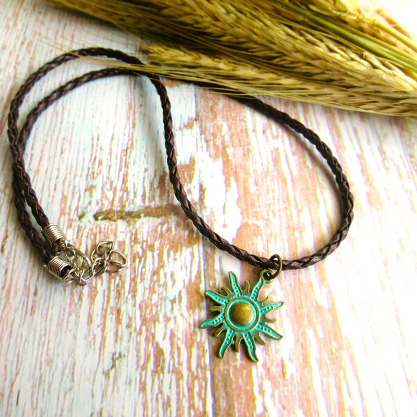 Patina Sunflower Pendant Necklace on Vegan Dark Brown Cord Ethnic Boho Gift