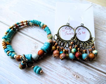 Türkis Jaspis Armband und Ohrringe Set: Boho Sterling Silber Schmuck