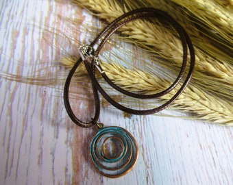Circles hoop Pendant, Copper Patina Charm, Boho Necklace on Vegan Brown Cord Ethnic Boho Gift