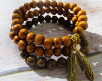 Wood boho bracelets,  burly wood and coconut spacers with gift bag