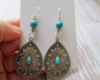 Boho Earrings, Mandala charms with Silver Ear Wires and Gift Bag