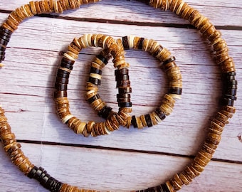 Coconut Necklace and Bracelets Set, Wooden Beads on Stretch Cotton with Gift Bag