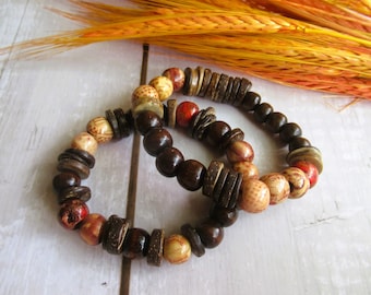 Wooden bracelets,  beaded coconut  shell, brown ethnic, stacking stretch, mens womens with gift bag