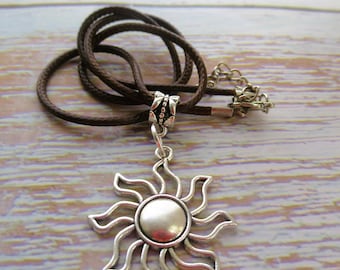 Sun Silver Pendant Necklace on Vegan Brown Cord Ethnic Boho with Gift Bag