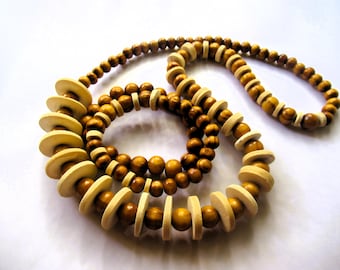 Chunky Wood & Coconut Beaded Necklace Set: Boho Burlywood Jewelry