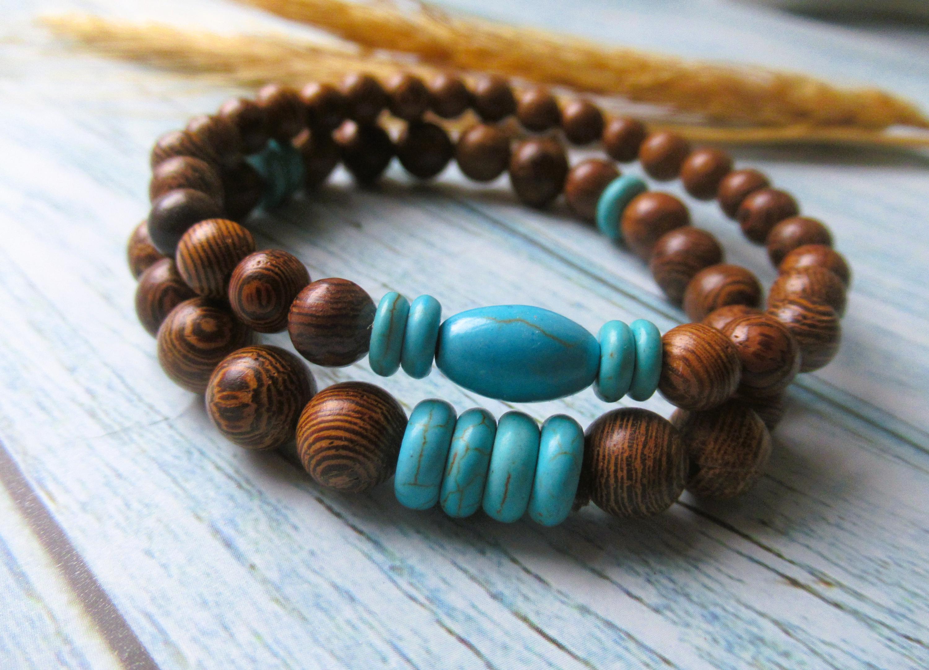 Wooden bracelets  brown with turquoise beads  2 with gift bag