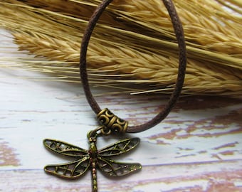 Dragonfly Pendant, Bronze shimmer Charm, Boho Necklace on Vegan Brown Cord Ethnic Boho Gift