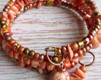 Gemstone Wrap Bracelet, with Orange Chips and Copper Beads and Gift Bag