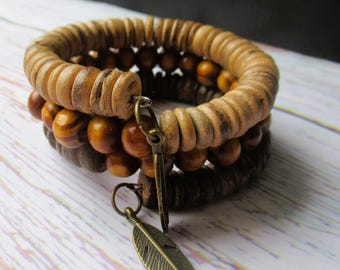 Coconut Wooden Boho Beaded Wire Wrap Bracelet Brown Ethnic With Gift Bag