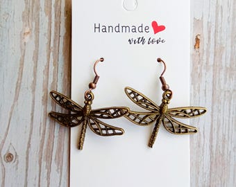 Dragonfly Earrings, Bronze Alloy Charms with Copper or Silver Ear Wires and Gift Bag